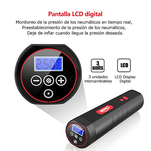 oasser Compresor de Aire Portátil Mini Bomba de Inflado Eléctrica con Indicador de Presión LCD Digital de 120PSI 2000mAh Batería de Litio 12V/DC 20 litros/Min P1S