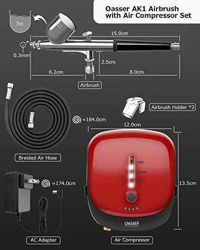 Oasser Mini Kit Aerógrafo con Compresor Portable Profesional Airbrush con Doble Acción 1000mAh Batería de Litio Recargable Juego de Pistola con Compresor para Pintura Artística Uña Modelo AK1