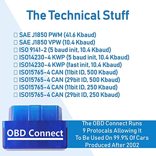 OBD Connect - Lector de código de falla de OBDII OBD 2 Bluetooth para uso exclusivo con dispositivos Android