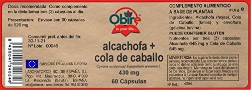 Obire | Alcachofa + Cola de caballo 430 mg | Ayuda Molestias Digestivas, Reducir la Glucosa en Sangre y el Estreñimiento | Acción Antioxidante y Diurética | 60 Cápsulas (Pack 2 unid.)