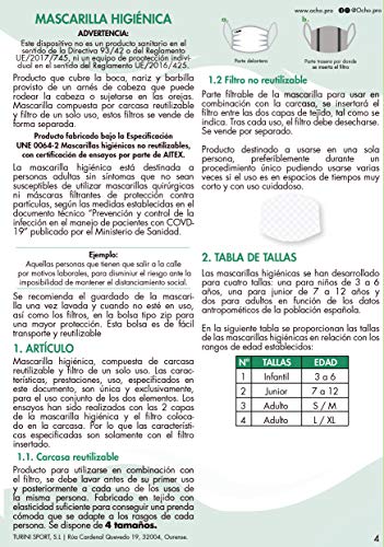 OCHO MASCARILLA HIGIÉNICA REUTILIZABLE LINEA COLOURS CON 10 FILTROS DESECHABLES Y CERTIFICADA BFE+ 90%. TALLA L/XL (1 unidad)