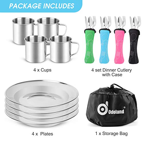 Odoland Vajilla de Acero Inoxidable 25-en-1, Cubiertos e Platos Kit de Picnic con Placa, Tenedor, Cuchara, Cuchillo y Bolsa de Red, Kits de Cocina para 4 Persona, Kit de Picnic