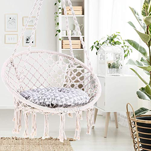 Ohuhu Hamaca Colgante Columpio con Silla Colgante Kit de Montaje para Colgar, Duradero, Fabricado con Cuerda de algodón 100% Sillacolumpio de Interior de macramé para dormitorios (Cojín no Incluido)