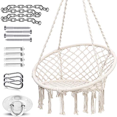 Ohuhu Hamaca Colgante Columpio con Silla Colgante Kit de Montaje para Colgar, Duradero, Fabricado con Cuerda de algodón 100% Sillacolumpio de Interior de macramé para dormitorios (Cojín no Incluido)