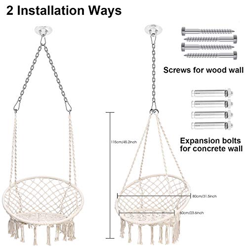 Ohuhu Hamaca Colgante Columpio con Silla Colgante Kit de Montaje para Colgar, Duradero, Fabricado con Cuerda de algodón 100% Sillacolumpio de Interior de macramé para dormitorios (Cojín no Incluido)