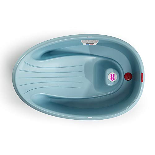 OKBABY 38925535 Bañera Onda Baby - Base antideslizante, con termómetro digital de cristal líquido incorporado - Soporte trasero en ángulo - Se adapta al inerior de la bañera o la ducha - Azul Claro