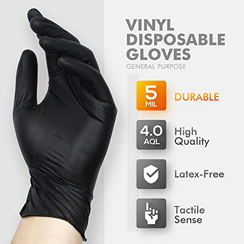 OKIAAS - Guantes desechables de color negro talla extra grande, guantes de vinilo desechables sin látex, 5 mm., 50 unidades, para preparación de alimentos, limpieza del hogar, cocina, pintura, etc.