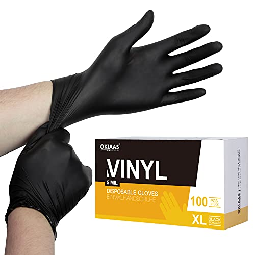 OKIAAS - Guantes desechables de color negro talla extra grande, guantes de vinilo desechables sin látex, 5 mm., 50 unidades, para preparación de alimentos, limpieza del hogar, cocina, pintura, etc.