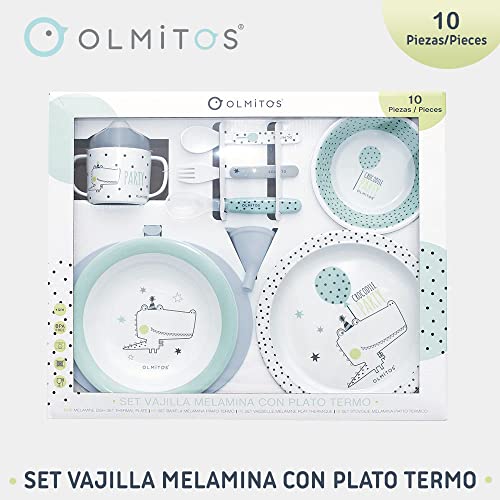 Olmitos Vajilla Con Plato Térmico De Modelo Crocodile - Incluye Bol, Plato Llano, Plato Termo, Cuchara Silicona, Cuchara, Tenedor, Taza, Tapa Con Boquilla, Embudo Y Ventosa, Verde Cocodrilo