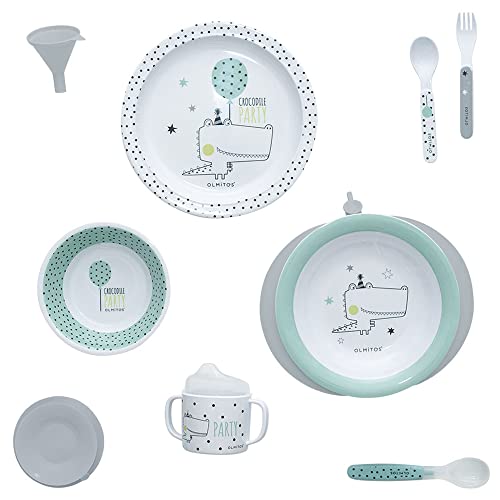 Olmitos Vajilla Con Plato Térmico De Modelo Crocodile - Incluye Bol, Plato Llano, Plato Termo, Cuchara Silicona, Cuchara, Tenedor, Taza, Tapa Con Boquilla, Embudo Y Ventosa, Verde Cocodrilo