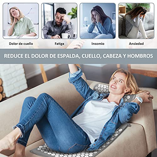 OMBAR Esterilla Acupresión Kit con Almohada para Acupuntura y Yoga, Kit de Masaje con Cojín Alivia el Dolor de Espalda y Cuello, Relaja los Músculos y Reduce el Insomnio (gris)