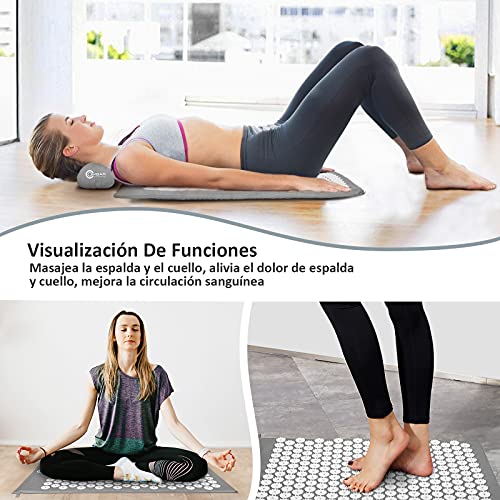 OMBAR Esterilla Acupresión Kit con Almohada para Acupuntura y Yoga, Kit de Masaje con Cojín Alivia el Dolor de Espalda y Cuello, Relaja los Músculos y Reduce el Insomnio (gris)