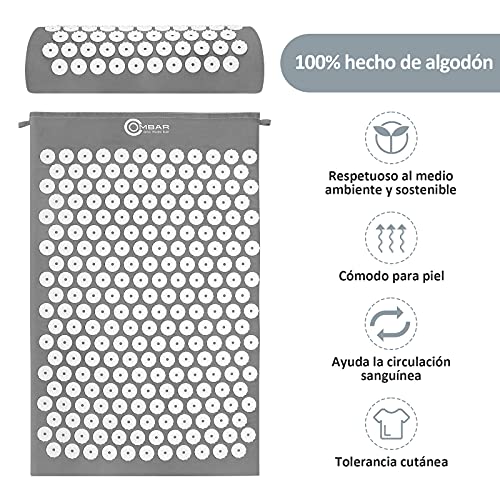 OMBAR Esterilla Acupresión Kit con Almohada para Acupuntura y Yoga, Kit de Masaje con Cojín Alivia el Dolor de Espalda y Cuello, Relaja los Músculos y Reduce el Insomnio (gris)