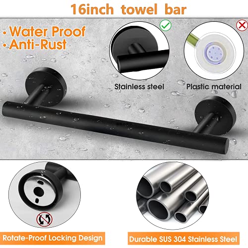 OMETOP Juego de Accesorios de Baño Acero Inoxidable 6 Piezas, 42cm Toalleros de Baño Montado en la Pared,1 Toallero de Papel,1 Gancho para Toalla de Baño,3 Gancho Adhesivo Pared (Negro)