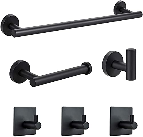 OMETOP Juego de Accesorios de Baño Acero Inoxidable 6 Piezas, 42cm Toalleros de Baño Montado en la Pared,1 Toallero de Papel,1 Gancho para Toalla de Baño,3 Gancho Adhesivo Pared (Negro)