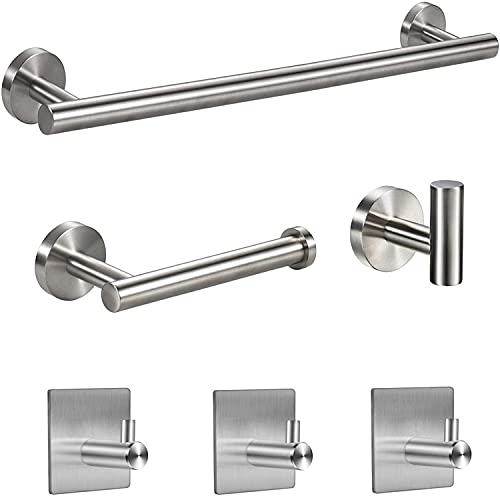 OMETOP Juego de Accesorios de Baño Acero Inoxidable 6 Piezas, 42cm Toalleros de Baño Montado en la Pared,1 Toallero de Papel,1 Gancho para Toalla de Baño,3 Gancho Adhesivo Pared (Plata)