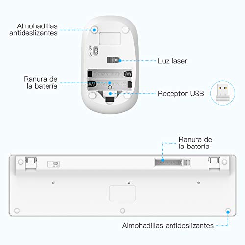 OMOTON Pack de Teclado y Ratón Inalámbrico con USB (2.4 GHz, inalámbrico, Windows) Teclado Español con Teclas Numericas, Blanco