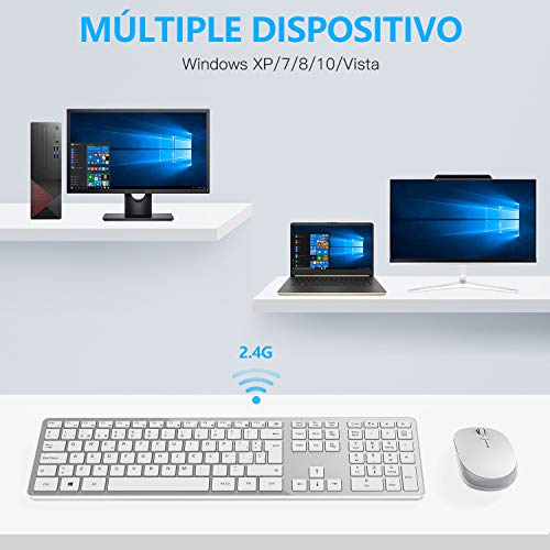 OMOTON Pack de Teclado y Ratón Inalámbrico con USB (2.4 GHz, inalámbrico, Windows) Teclado Español con Teclas Numericas, Blanco