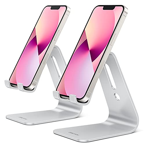 OMOTON Soporte Móvil Mesa 2 Pack, Soporte Base 2 Piezas para Teléfono con Almohadilla de Silicona Antideslizante para iPhone 13/13Pro/12 Mini/12 Pro/11, Huawei P40, Samsung Galaxy S21, Plata + Plata