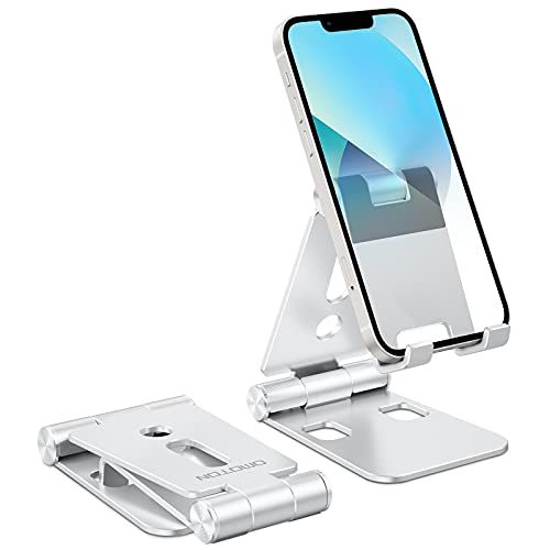 OMOTON Soporte Móvil Plegable, Multiángulo Soporte Ajustable de Aluminio, Base Móvil Portátil de Escritorio para iPhone 13 12 Mini 12 Pro MAX 11 SE, Xiaomi Redmi 9S 8 Pro y Otras Smartphones, Plata