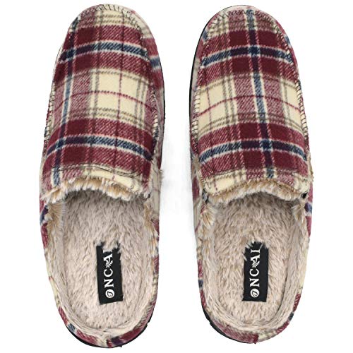 ONCAI Zapatillas de Casa para Hombre-Tartán Lana Pantuflas de Invierno Memory Foam-Antideslizante Tweed Mocasines Pantufla con Suave Vellón Rojo EU 44