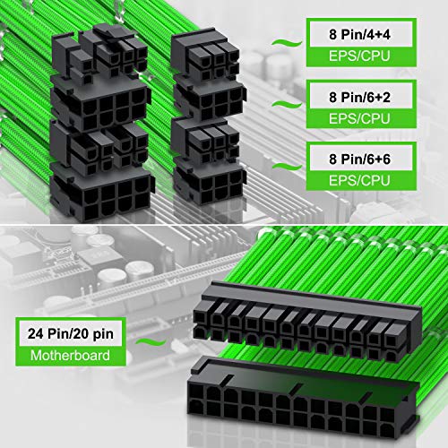 One enjoy Kit de extensión de Cable, Cable Fuente Alimentacion Modular, Conectores PSU, Cable ATX EPS PCI-E con peines, Sleeved Cables, 30 CM (Verde)