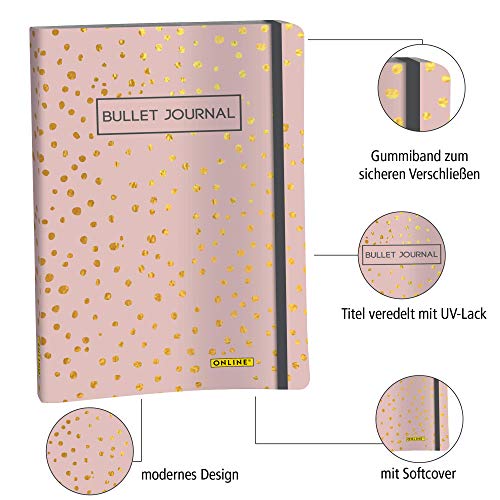 Online Bullet Journal Spotlights Rose- Cuaderno de notas (120 g/m², papel FSC, DIN A5, 144 páginas interiores con puntos/punteados, tapa blanda de goma, diario para notas, bocetos, lettering), (70042)