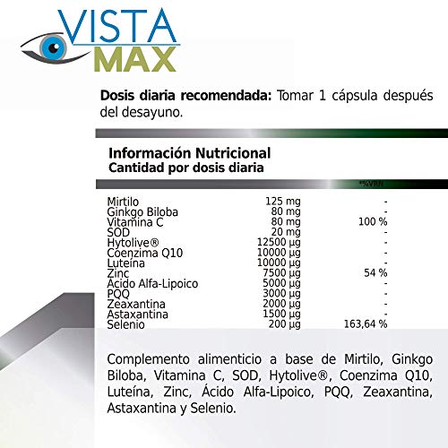 Optimizante y protector de la visión | Con luteína y mirtilo | Fortalece el tejido ocular y la retina | Mejora la visión | Tratamiento para la salud natural de los ojos | 60 Cápsulas