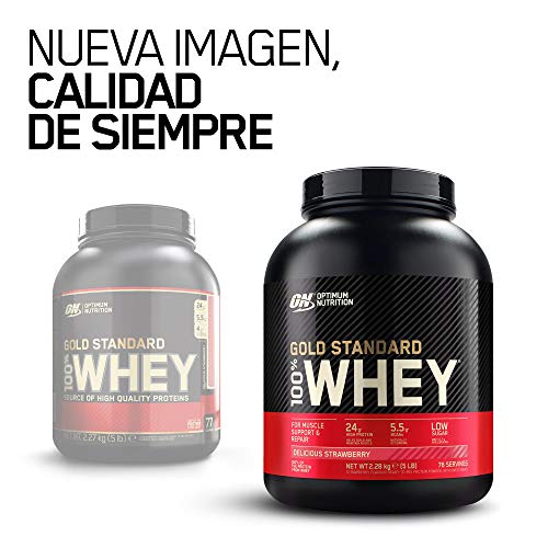 Optimum Nutrition Gold Standard 100% Whey Proteína en Polvo, Glutamina y Aminoácidos Naturales, BCAA, Fresa Deliciosa, 76 Porciones, 2.28kg, Embalaje Puede Variar