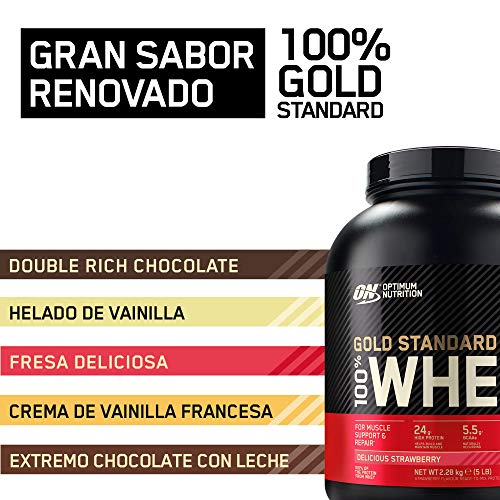 Optimum Nutrition Gold Standard 100% Whey Proteína en Polvo, Glutamina y Aminoácidos Naturales, BCAA, Fresa Deliciosa, 76 Porciones, 2.28kg, Embalaje Puede Variar