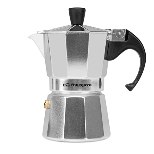 Orbegozo KF 200 - Cafetera italiana de aluminio, 2 tazas de capacidad, mango ergonómico, tapón de seguridad, filtro desmontable