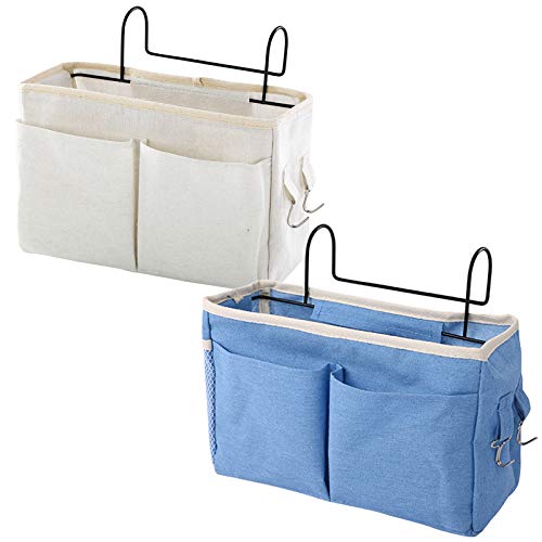 Organizador de Cabecera Cama, 2pcs Blanco/Azul Cama Colgante Bolso de Bolsillo Cama Organizador, Bolso de Bolsillo Cestos Almacenaje para Literas,Dormitorios,Cochecito,Cuna,Camas de Hospital