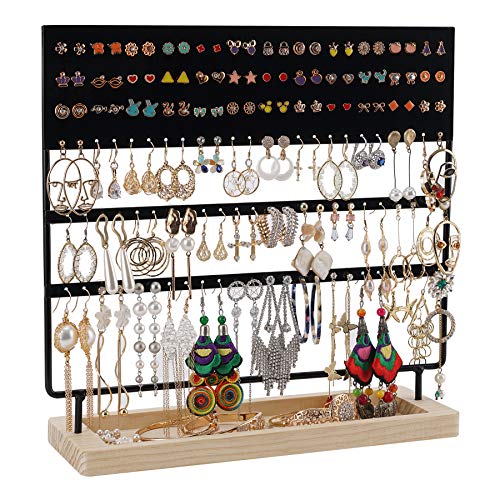 Organizador de pendientes, soporte para joyas, expositor para pendientes, pendientes y pendientes largos con estante de madera, 144 agujeros, color negro