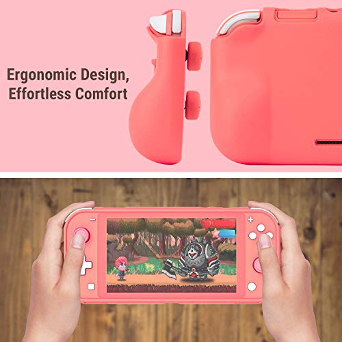 Orzly Funda para la Nintendo Switch Lite – Comfort Grip Case, Carcasa Protectora con puños de Mano Rellenos Integrados para la Parte Posterior de la Consola Switch Lite, con Soporte Plegable - Coral