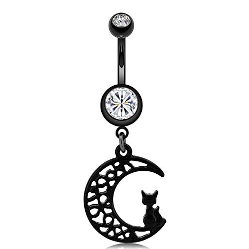 OUFER - Piercing para ombligo de acero quirúrgico 316L con luna negra, 14 g, diseño de gato