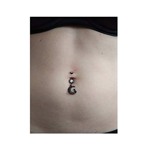 OUFER - Piercing para ombligo de acero quirúrgico 316L con luna negra, 14 g, diseño de gato