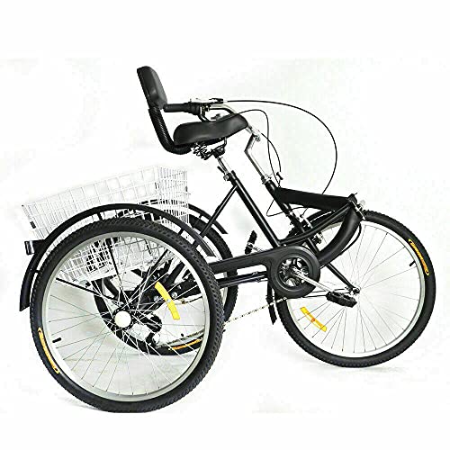 OUKANING Triciclo Adulto 24 ”3 Ruedas 7 velocidades Color Negro con Respaldo