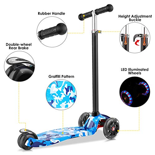 OUTCAMER Patinete para Niños 3 a 12 Años Patinete 3 Ruedas Luces LED y Altura Ajustable 76-86cm Pedal Antideslizante Scooter Patinete Niño y Niña Regalo de Pascua y Festival