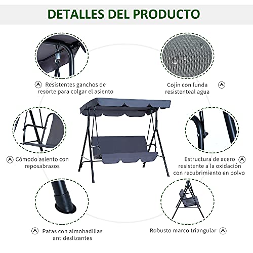 Outsunny Columpio de Jardín de 3 Plazas Silla Balancín con Parasol Techo Ajustable en Ángulo para Terraza Balcón Carga Máx. 200 kg Acero 172x110x153 cm Gris