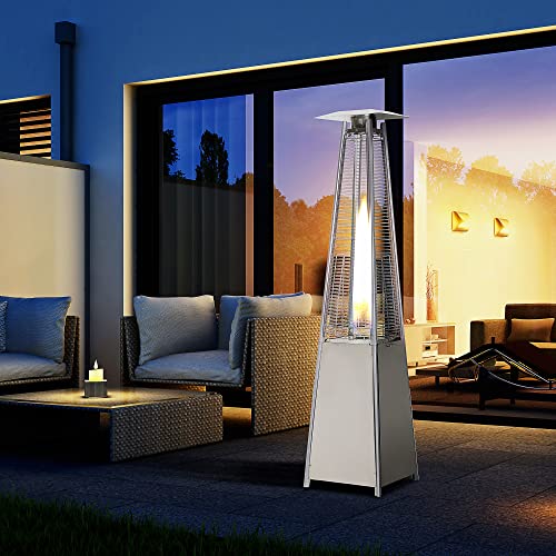 Outsunny Estufa de Gas para Exterior Pirámide 10,5 KW Calefactor para Patio de Propano Acero Inoxidable con Funda Protectora Regulador Manguera y Ruedas Ø49,5x227 cm Plata