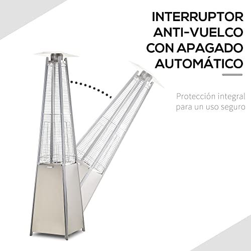 Outsunny Estufa de Gas para Exterior Pirámide 10,5 KW Calefactor para Patio de Propano Acero Inoxidable con Funda Protectora Regulador Manguera y Ruedas Ø49,5x227 cm Plata