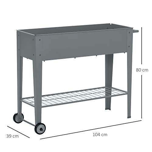 Outsunny Huerto Urbano Jardinera Elevada de Metal Cama de Jardín con Ruedas Asa Lateral y Estante Inferior para Cultivo Plantas Hortalizas Flores 104x39x80 cm Gris