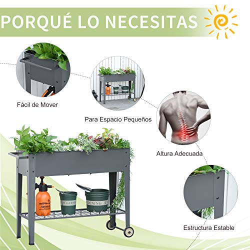 Outsunny Huerto Urbano Jardinera Elevada de Metal Cama de Jardín con Ruedas Asa Lateral y Estante Inferior para Cultivo Plantas Hortalizas Flores 104x39x80 cm Gris