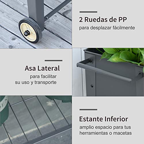 Outsunny Huerto Urbano Jardinera Elevada de Metal Cama de Jardín con Ruedas Asa Lateral y Estante Inferior para Cultivo Plantas Hortalizas Flores 104x39x80 cm Gris