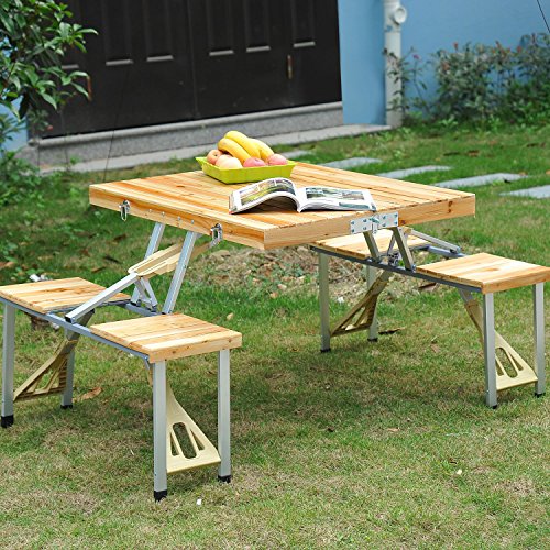 Outsunny Maleta Mesa Plegable Camping Picnic Playa 4 Asiento Agujero de Sombrilla Madera 138x85x68 cm