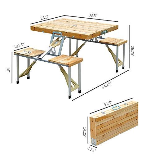 Outsunny Maleta Mesa Plegable Camping Picnic Playa 4 Asiento Agujero de Sombrilla Madera 138x85x68 cm