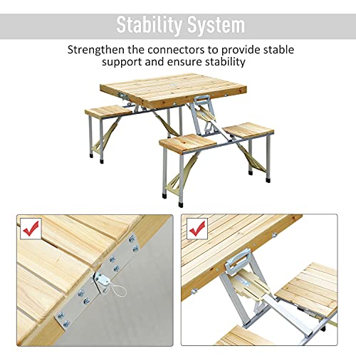 Outsunny Maleta Mesa Plegable Camping Picnic Playa 4 Asiento Agujero de Sombrilla Madera 138x85x68 cm