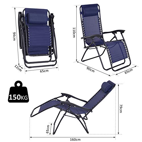 Outsunny Tumbona Plegable de Jardín Silla Gravedad Cero Sillón de Playa Relajante Texteline Marco Acero Carga 120kg 90x65x110 cm Azul