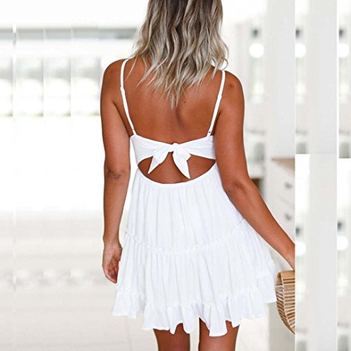 Overdose Mini Vestido Sin Respaldo De Las Mujeres De Verano Blanco Fiesta De Noche Vestidos De Playa Sundress Encaje con Cuello En V (L, Blanco)