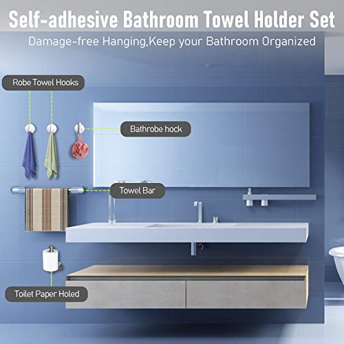 O'woda 5 Piezas Juego de Accesorios de Baño, Toallero Baño 40 cm + Portarrollos para Papel + Toallero Barra + 2 Gancho Adhesivo, 304 Acero Inoxidable, Sin Taladro (Plata)